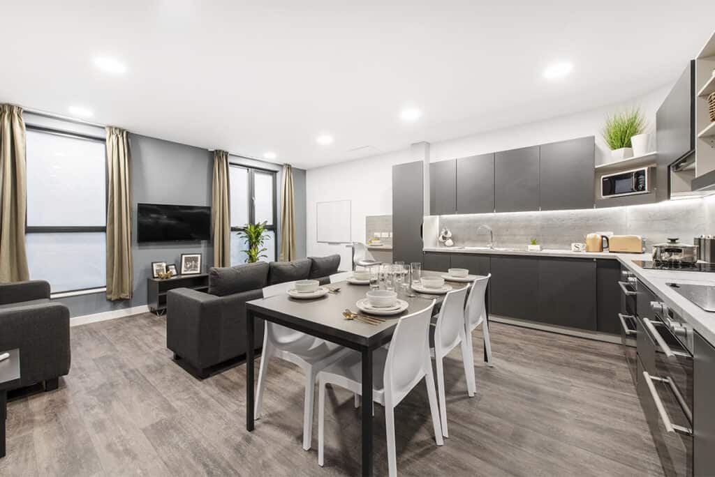 Bailey point kitchen and dining area: Student accommodation, modern student halls, Bournemouth, South Coast UK, International Students