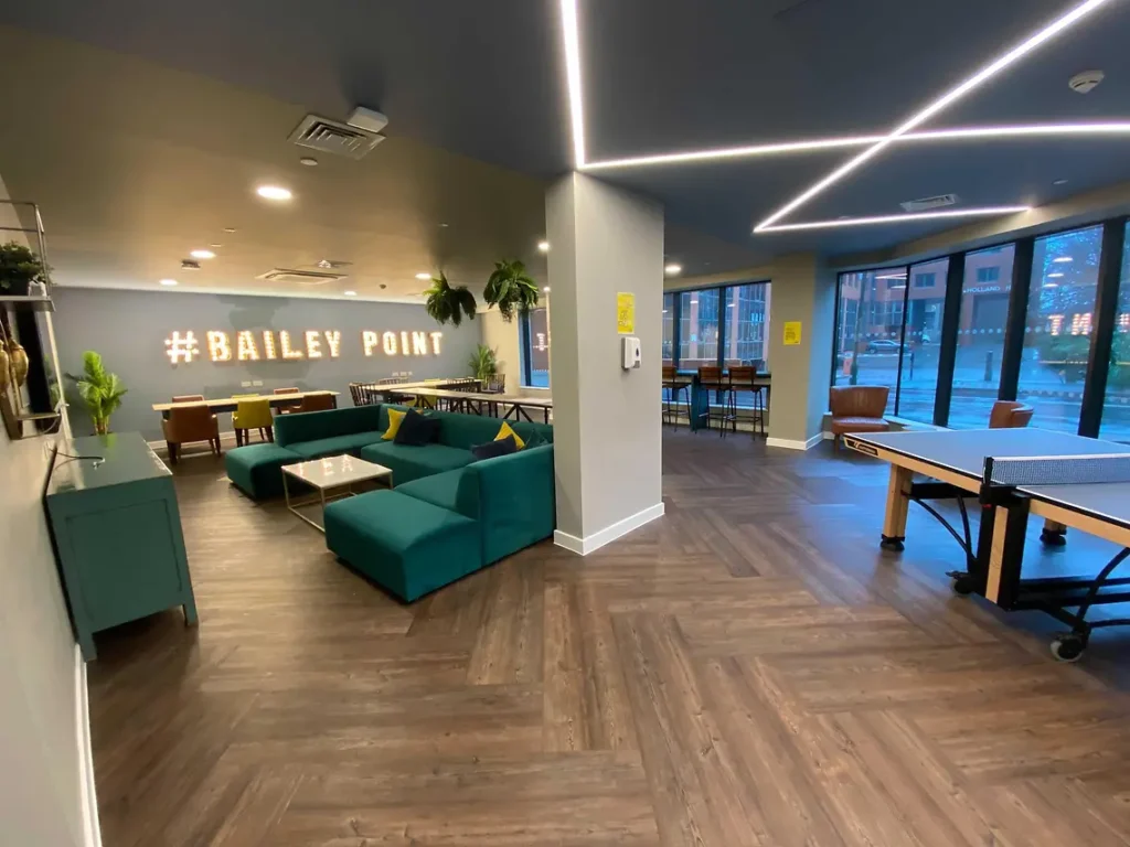 Bailey point common room sample 2: Student accommodation, modern student halls, Bournemouth, South Coast UK, International Students