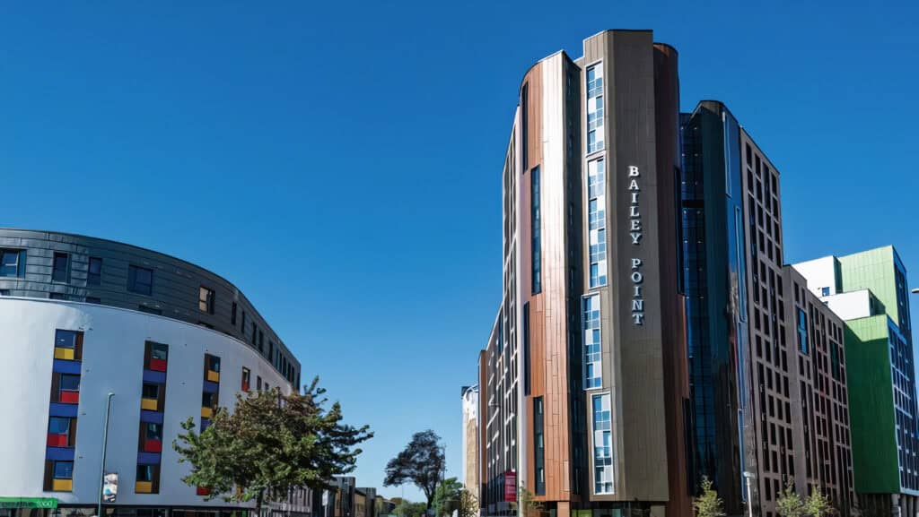 Bailey Point Exterior: Student accommodation, modern student halls, Bournemouth, South Coast UK, International Students