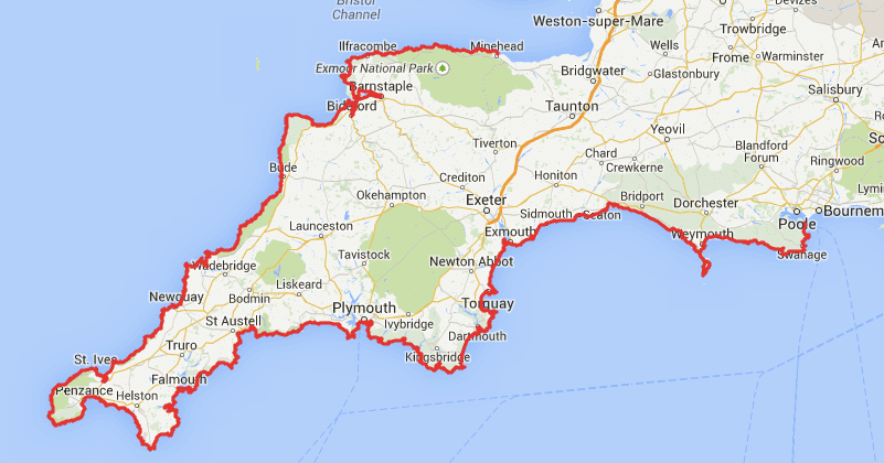 A map of the 630 mile challenge south west coast path