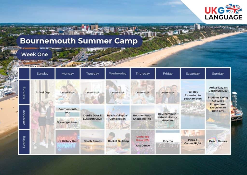 Ringwood & Bournemouth Timetables Bournemouth summer programme daily schedule with English learning and coastal activities