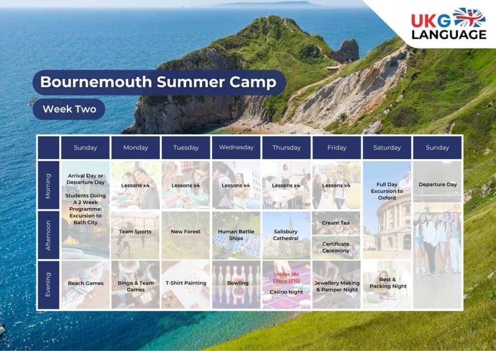 Ringwood & Bournemouth Timetables Bournemouth summer programme daily schedule with English learning and coastal activities