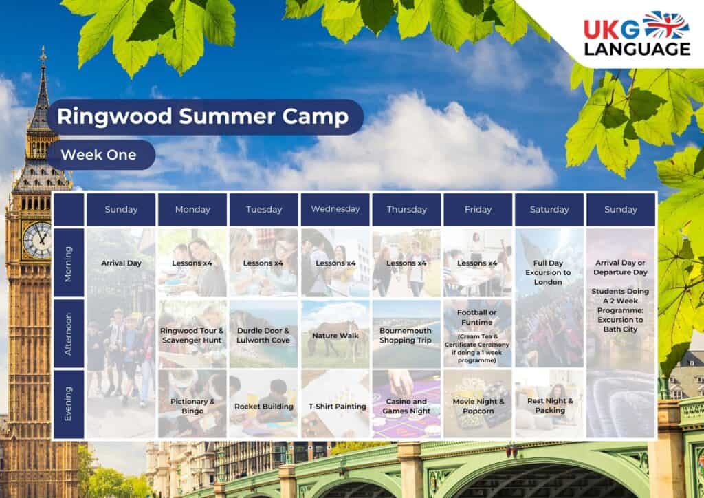 Ringwood & Bournemouth Timetables Ringwood summer camp weekly schedule with English lessons and UK excursions