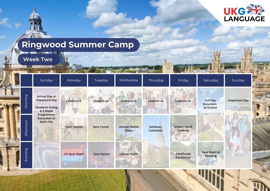 Ringwood & Bournemouth Timetables Ringwood summer camp weekly schedule with English lessons and UK excursions